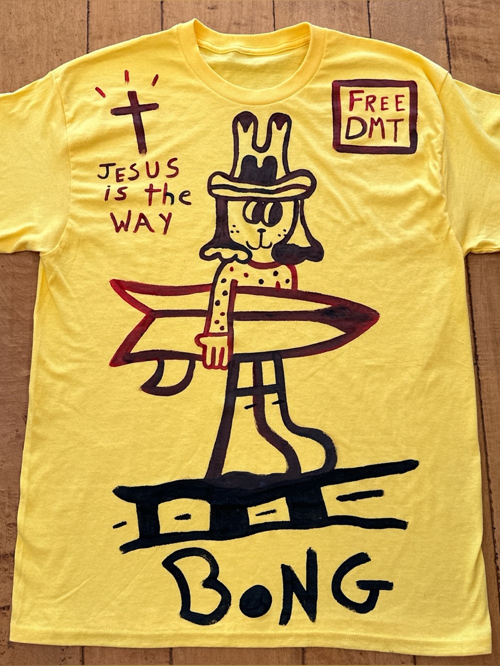 Yellow Graphic Tee with Hand-Drawn Surfing Character